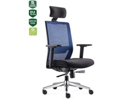 BENS 850H-Ergo-3 Blauw - Ergonomische Bureaustoel - Bureaustoelen voor volwassenen - Kantoorstoel - Incl. Hoofdsteun - Gepolijst aluminium voetenkruis - GREENGUARD GOLD - NEN-EN1335 & ARBO normen