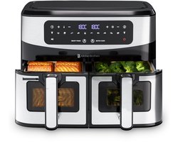 KitchenBrothers Dubbele Airfryer - PFAS-Vrij - 2400W - Dual Zone - 9L - Heteluchtfriteuse - Airfryer XXL - 2 x 4.5L - 10 Kookprogramma's - RVS/Zwart