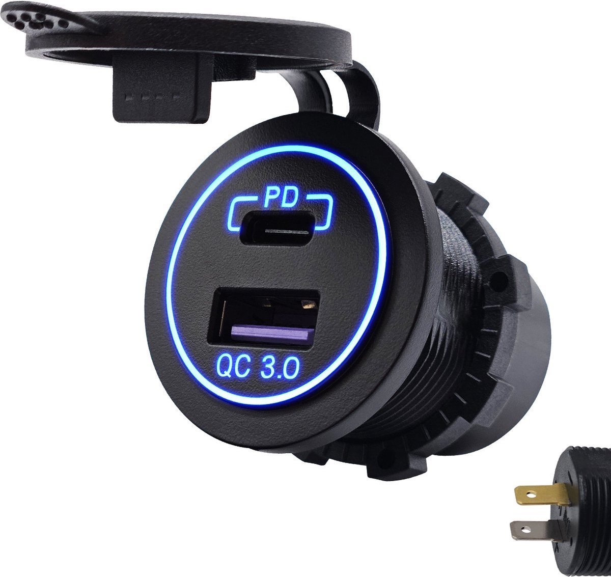 ProRide 12V USB/USB C Autolader 2 Poorten - Inbouw - QC3.0 - USB Stopcontact voor Auto, Boot en Camper - Blauw