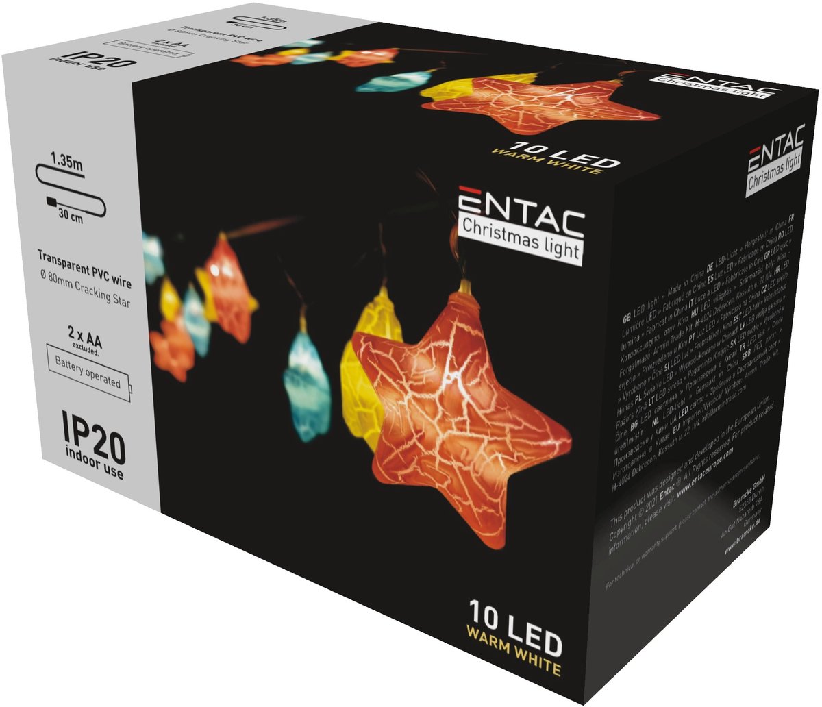 Entac Kerstverlichting LED Cracking Stars - 1.65m - 10 Lichtjes - Inclusief Batterijen - Lichtslinger - Warm Wit Licht
