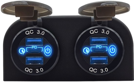Intckwan 84W 4-poorts USB-opbouwlaadstation - 2x PD3.0 + 2x QC3.0 - Met Schakelaar En Blauwe Voltmeter - Voor Camper, Boot, Tractor, Golfkar - Set Van 2