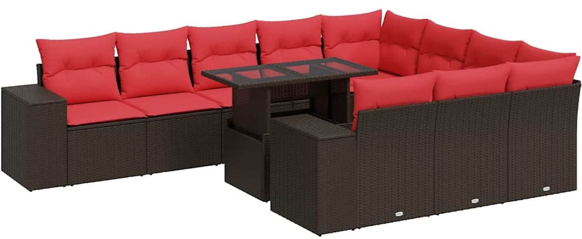 vidaXL 11-delige - Loungeset - met - kussens - poly - rattan - acacia - bruin