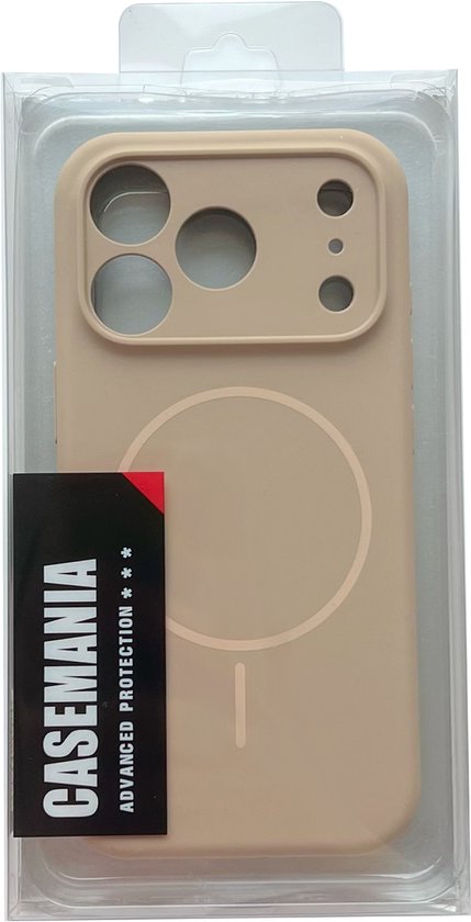 Zand beige Casemania telefoonhoesje in verpakking met 'Casemania Advanced Protection' label.
