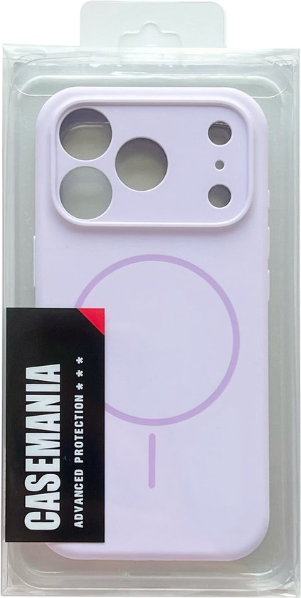Verpakking met lichtpaars iPhone hoesje, met magneetcirkel en camera-uitsparing. 'CASENANIA ADVANCED PROTECTION'.