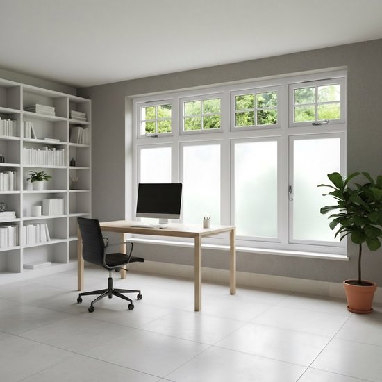 Kantoor met bureau, computer en boekenplanken voor een groot raam met raamfolie.