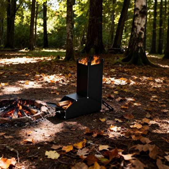 Rocket Stove RVS vuurschaal open haard - Draagbare kampeerhoutkachel, kampeerkachel met tas, kampeerkachel en terraskachel. Campinggrill voor BBQ, wandelen, tuin, zwart — afbeelding 3