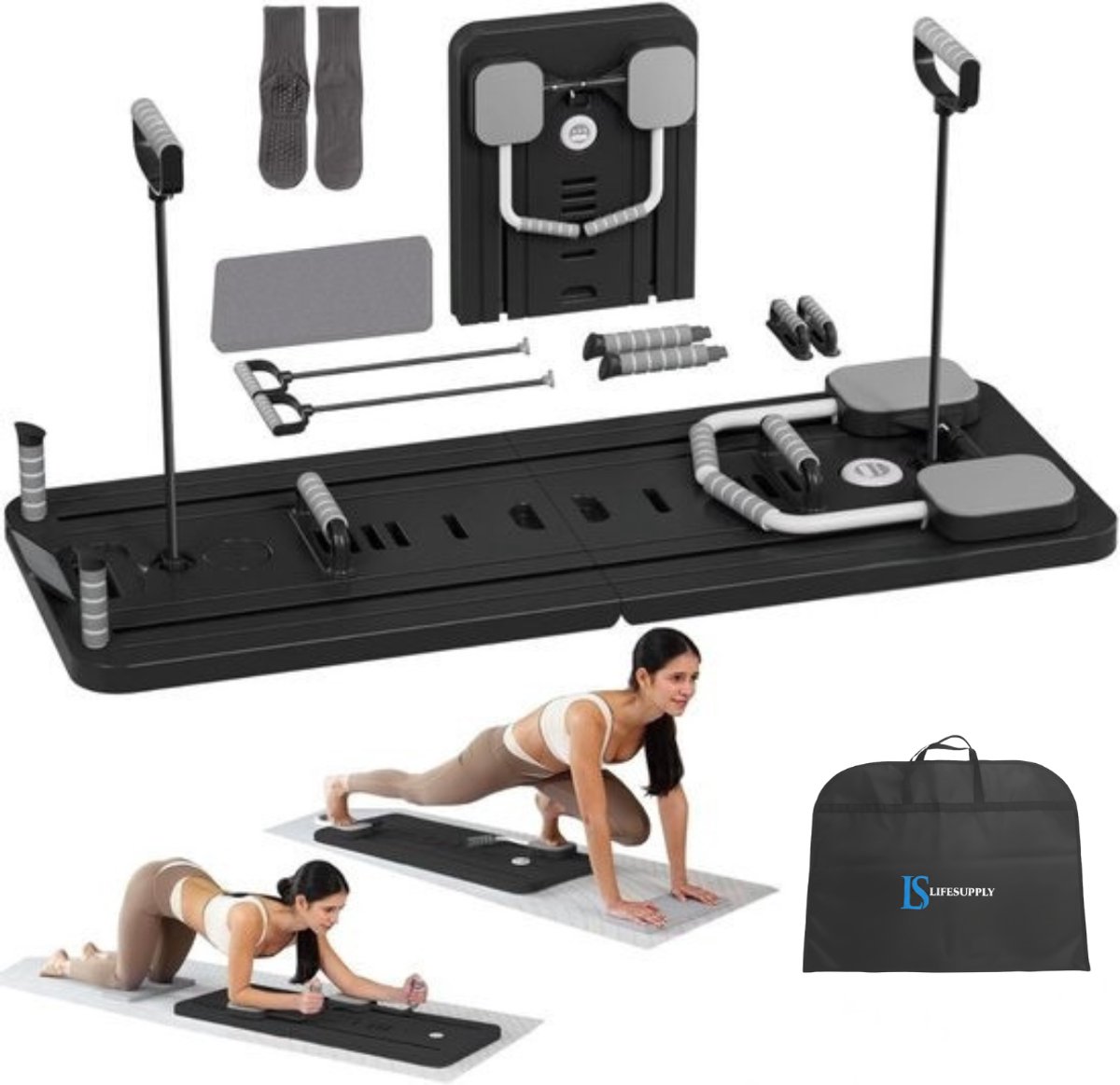 Lifesupply - Pilates Board - 8 in 1 Pilates Board - Incl. Luxe draagtas & Pilates ring - Pilates Reformer - Reformer Board - Buikspiertrainer - Opvouwbare Pilates Set
