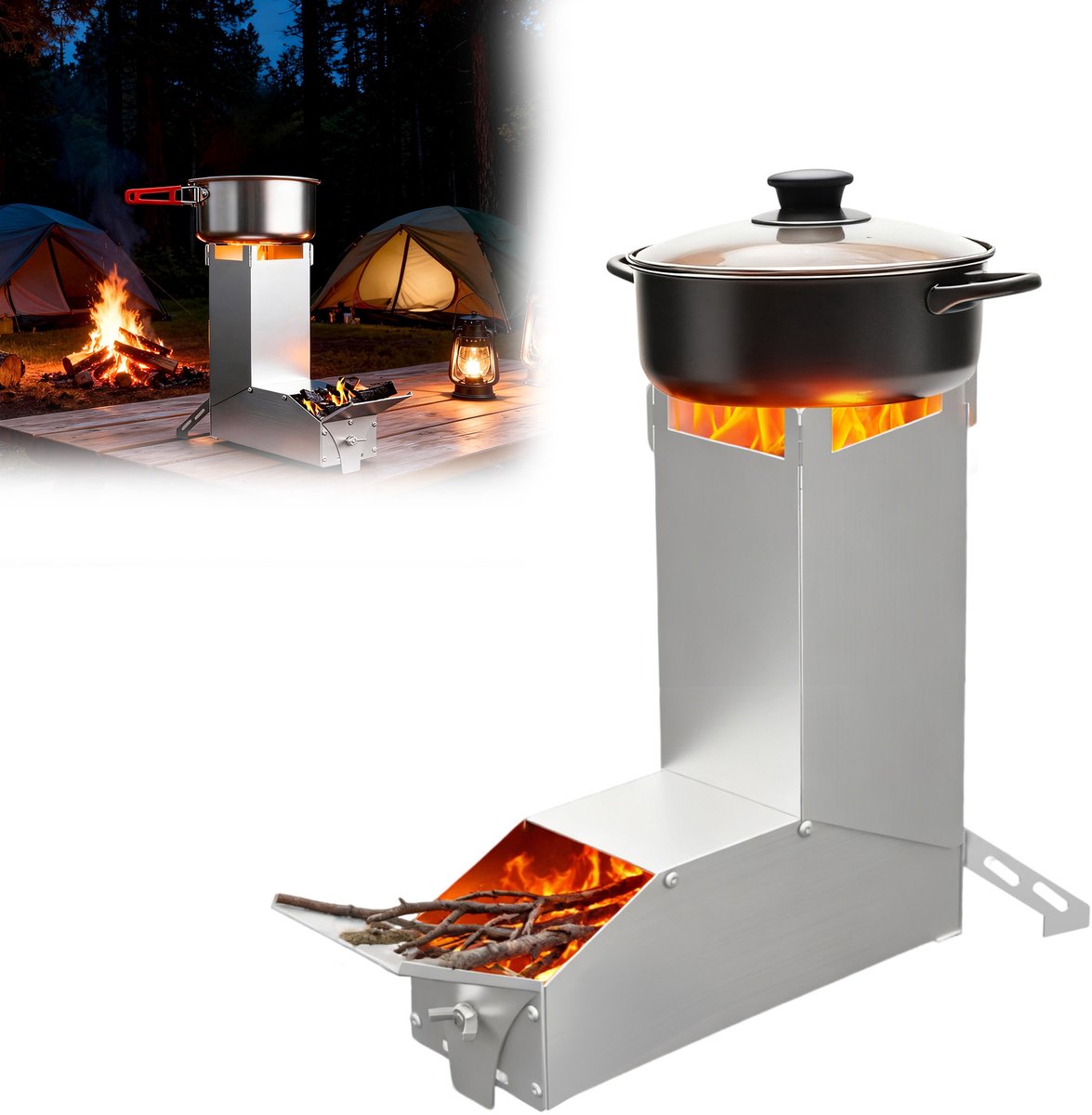 Rocket Stove RVS vuurschaal open haard - Draagbare kampeerhoutkachel, kampeerkachel met tas, kampeerkachel en terraskachel. Campinggrill voor BBQ, wandelen, tuin, zilver