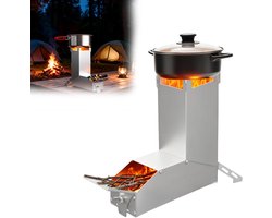 Rocket Stove RVS vuurschaal open haard - Draagbare kampeerhoutkachel, kampeerkachel met tas, kampeerkachel en terraskachel. Campinggrill voor BBQ, wandelen, tuin, zilver