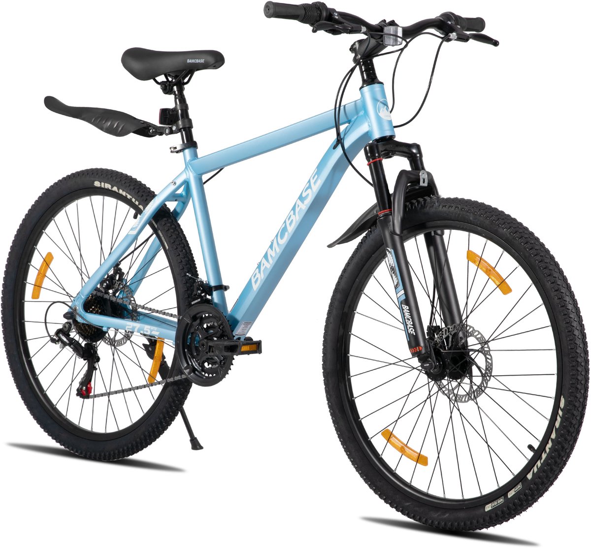 Bamcbase Sedona voorvering mountainbike - 26" - aluminium frame - 21 versnellingen - handrem - mechanische schijfremmen - Bell - spatborden - blauw - Geschikt voor buitenactiviteiten in de lente