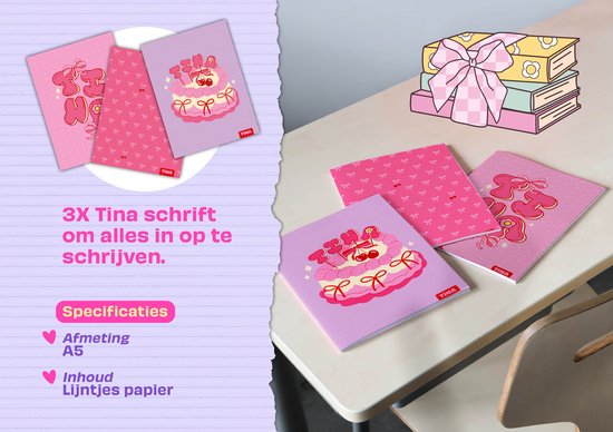 Drie Tina schriften met opdruk. Een schrift met strikjes, een met tekst 'Tina' en een met een taart met kersen.