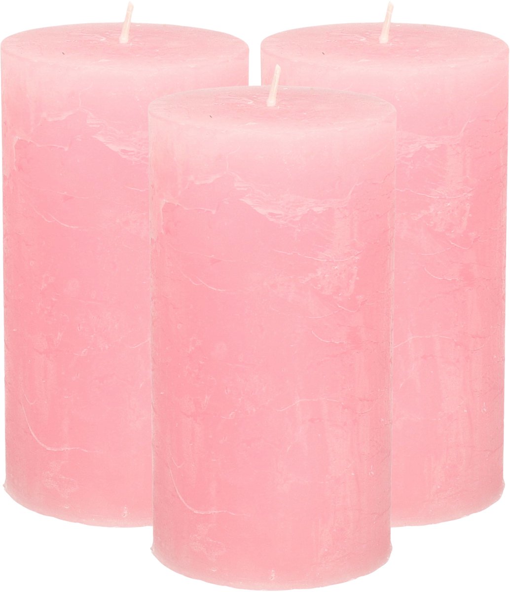 Atmosphera Stompkaars - 3x - roze - 7 x 13 cm - rustiek model - cilinderkaars - kaars