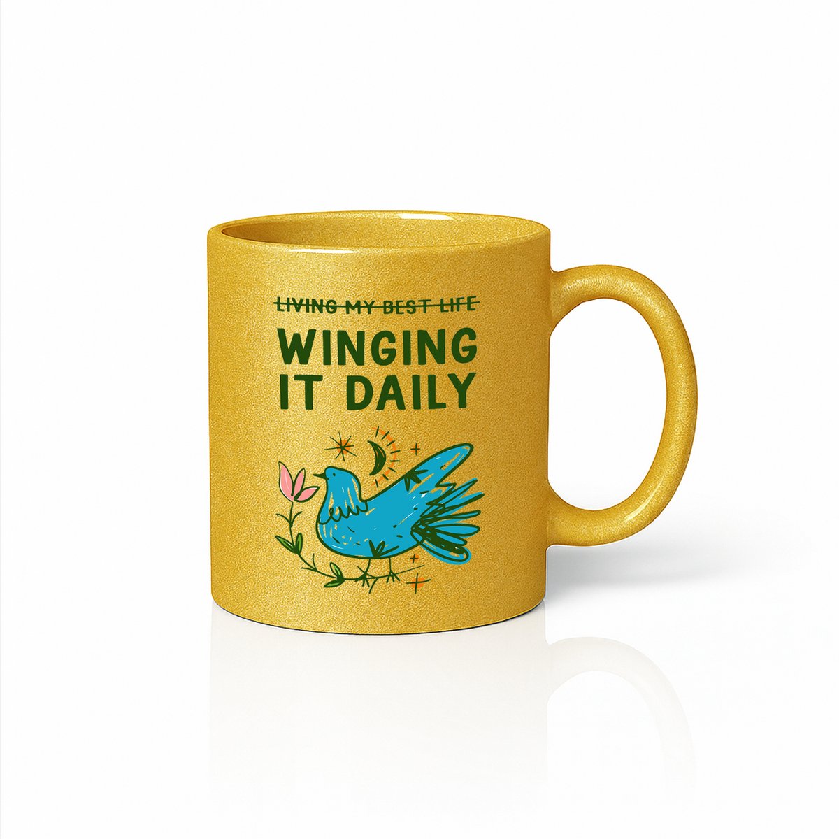 Winging It Daily Mok 330 ml – Gouden Glitter Grappige Positieve Vogel Quote Beker