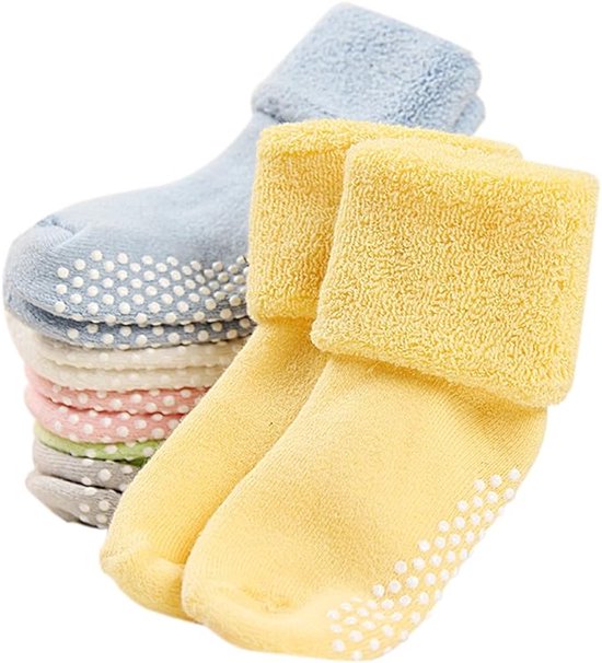 Lot de 6 paires de chaussettes bébé épaisses en éponge, idéales pour l'automne et l'hiver. Chaussettes antidérapantes mi-hautes en coton peigné, chaudes et épaisses. Semelle antidérapante à picots. Convient aux bébés de 0 à 1 an.