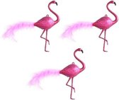 3x Kersthangers figuurtjes flamingo met veer 16 cm - Flamingo thema kerstboomhangers