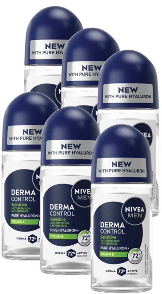 NIVEA MEN Derma Control Sensitive Anti-Transpirant Deo Roller - Deodorant - 72u Bescherming - Voordeelverpakking 6 x 50ml