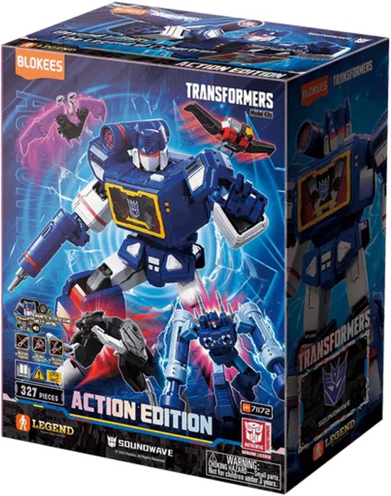 Robot Transformer bleu et blanc tenant une arme dans sa main gauche, en lévitation.