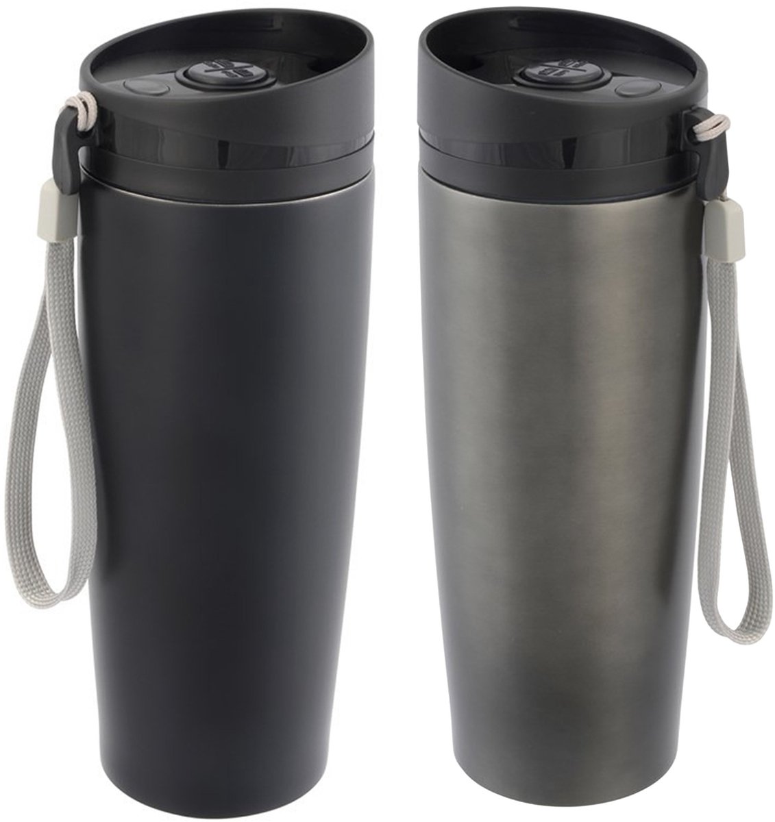 Cuisine Elegance Thermosbekers - warmhoud drinkbekers - 2x stuks - zwart en grijs - 380 ml - Isolerende drinkbekers - warme dranken - reisbekers