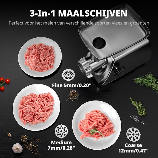 AIRMSEN Elektrische Vleesmolen - RVS - 3 Plaatjes - 2 Messen -Kubbe-set - Snel - Stil en Makkelijk Schoon te Maken van AIRMSEN — afbeelding 5
