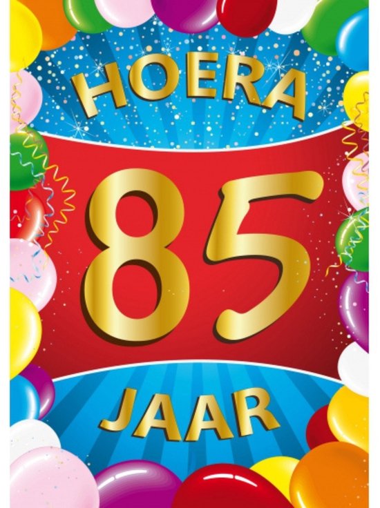 Feestelijke poster met 'HOERA 85 JAAR' in gouden letters, omringd door veelkleurige ballonnen op een blauwe en rode achtergrond.