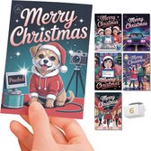 Inspra Studio – Luxe Kerstkaarten met Enveloppen – 6 Stuks – Jaren 2000 Wenskaarten Set 2 – Artistieke Illustraties met Nostalgische Retro Stijl