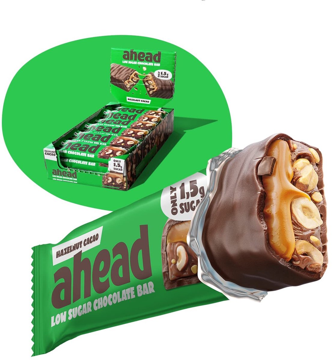 ahead Chocolate Bar – Suikerarme Chocoladereep – Doos – Low Sugar, Low Carb – Max. 2,1g Suiker per Reep