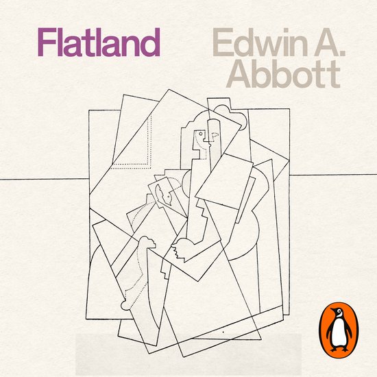 Couverture de livre avec le titre Flatland et le nom Edwin A. Abbott en lettres violettes et grises. Un dessin schématique de formes géométriques en noir.