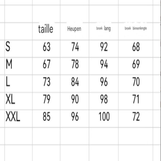 Maattabel met taille, heupen, broeklengte en broekbinnenlengte voor maten S, M, L, XL, XXL.