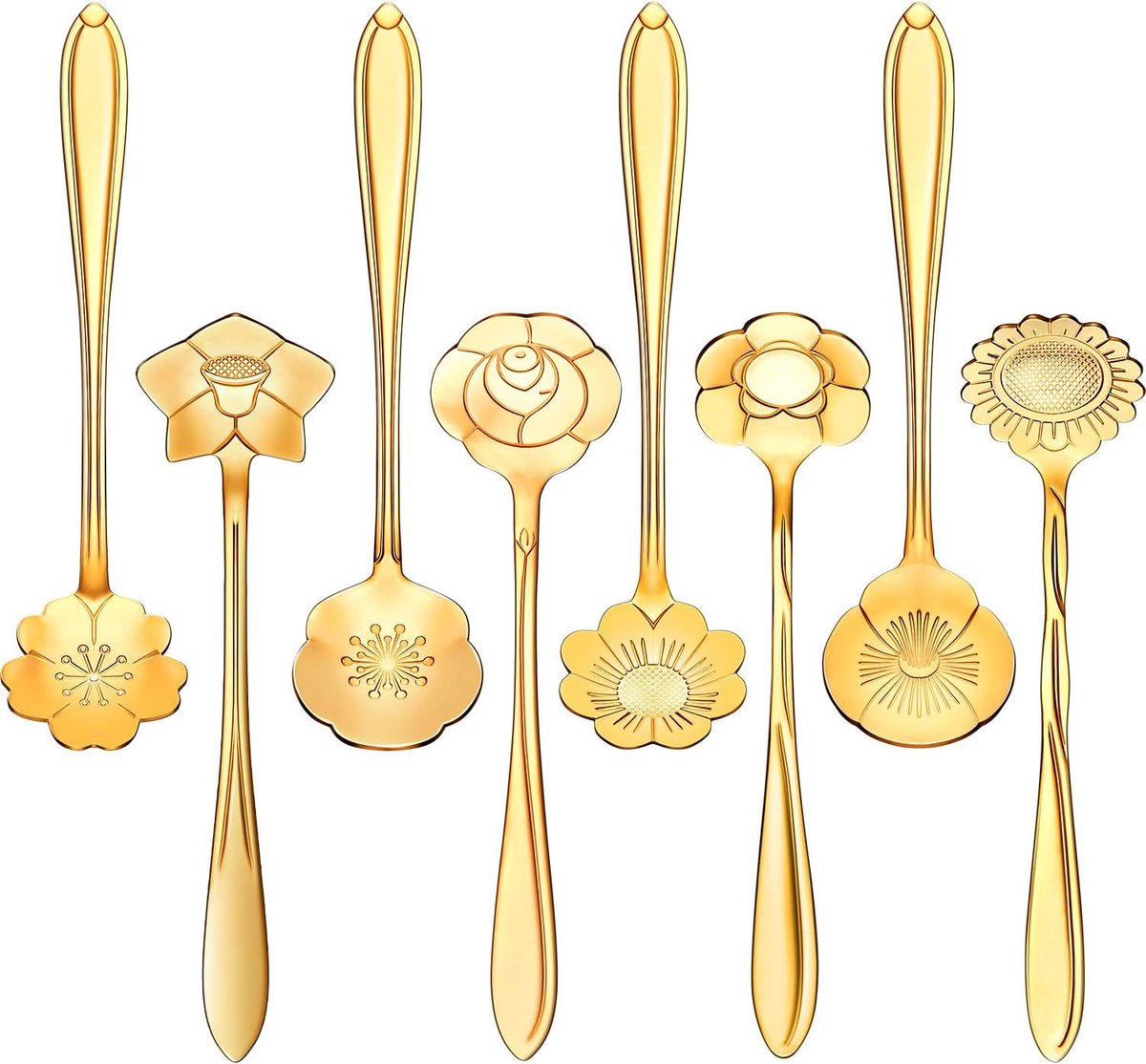 8-pack bloemvormige koffielepels - 12,5 × 2,6 cm - Suikerlepels van roestvrij staal - Perfect voor theekransjes, luxe serviesset met roerstokjes, creatieve roerlepels - 8 verschillende patronen - Goud