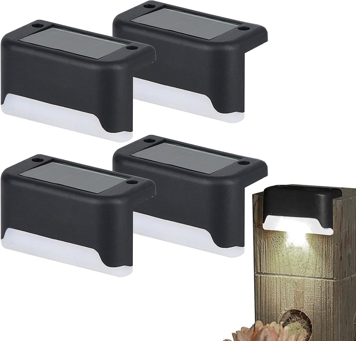 Zelfklevende Zonnelampen - Muurlamp Solar 4 Stuks Zwart - Muurverlichting - LED Wandlampjes op Zonne Energie - Padverlichting - Tuinverlichting op Zonne-Energie - Warm Wit Licht - Waterdicht - voor Buitentrappen, Trappen, Hekken, Tuin, Terras en Pad