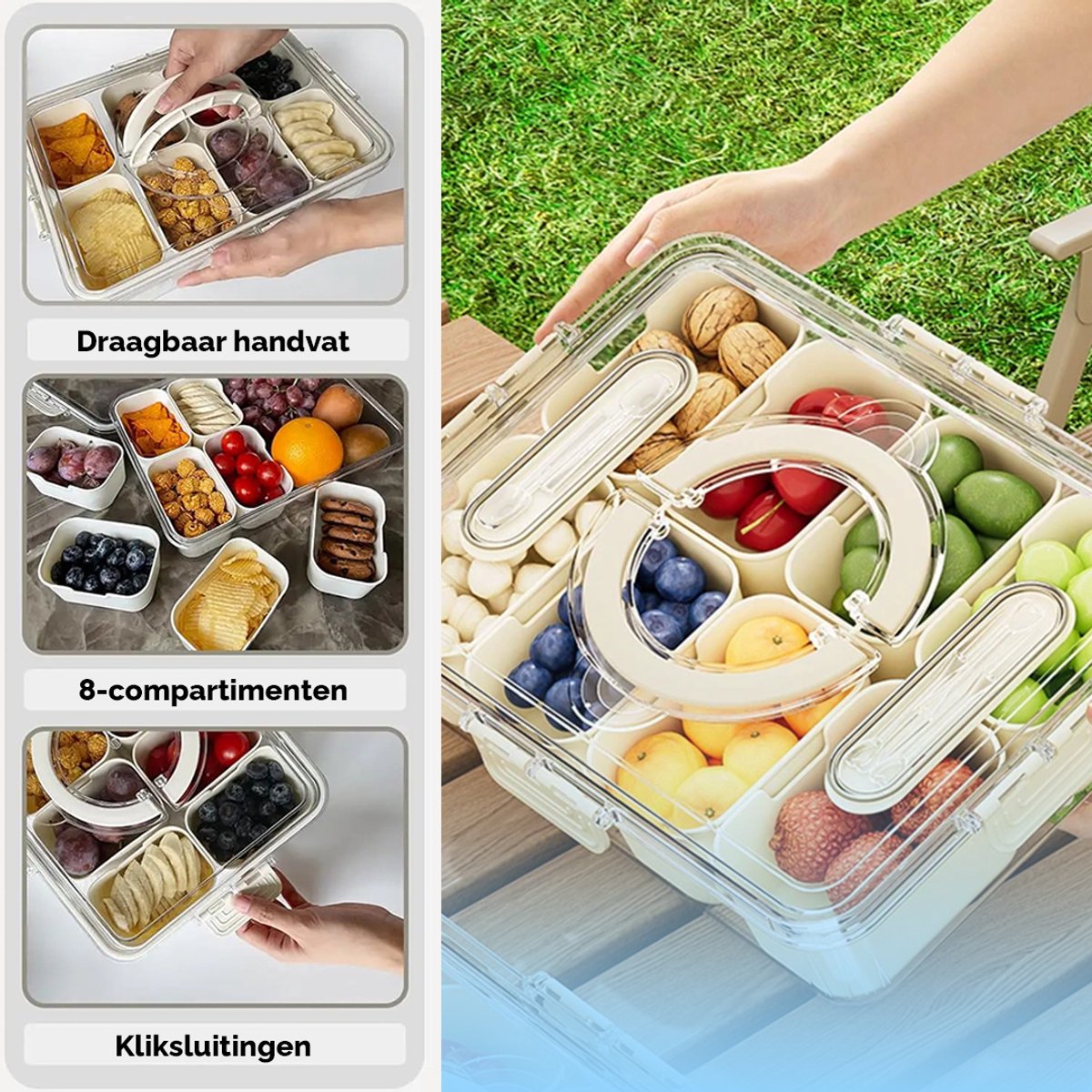LifeLux Snackbox / Lunchbox met vakjes & Handvat – 8 Compartimenten snackdoosjes + 2 Bestekvakjes (Niet voor vaatwasser) - Picknick box volwassenen kinderen — afbeelding 6