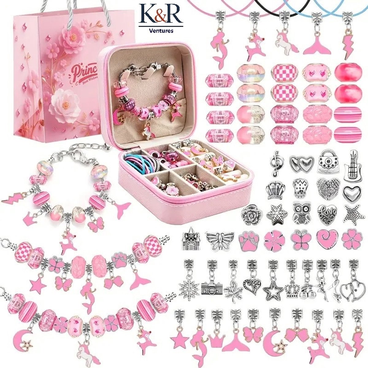 K&R Ventures® 68 Delige Kralenarmband set – Roze Sieradendoos – Regenboog Kralen, Bedeltjes & Elastiek – DIY Sieraden Knutselset voor Kinderen & Volwassenen – Creatief Cadeau Meisjes