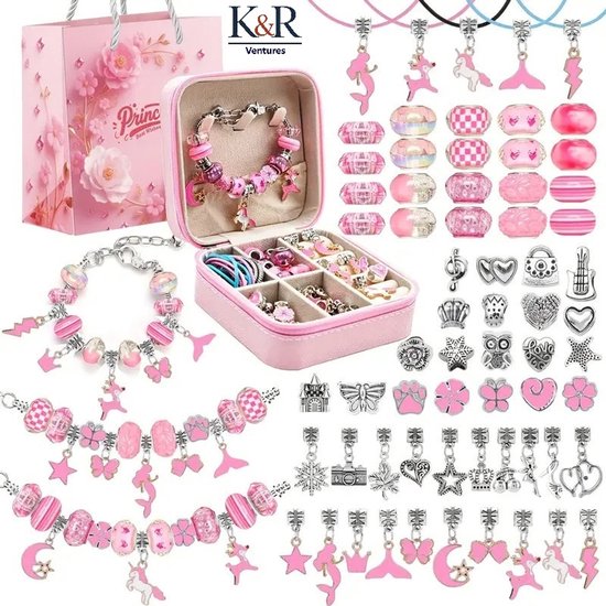 K&R Ventures® Ensemble de Bracelets de perles 68 pièces – Boîte à bijoux rose – Perles arc-en-ciel, breloques et élastique – Kit de DIY de Bijoux pour Enfants et Adultes – Cadeau créatif pour Filles