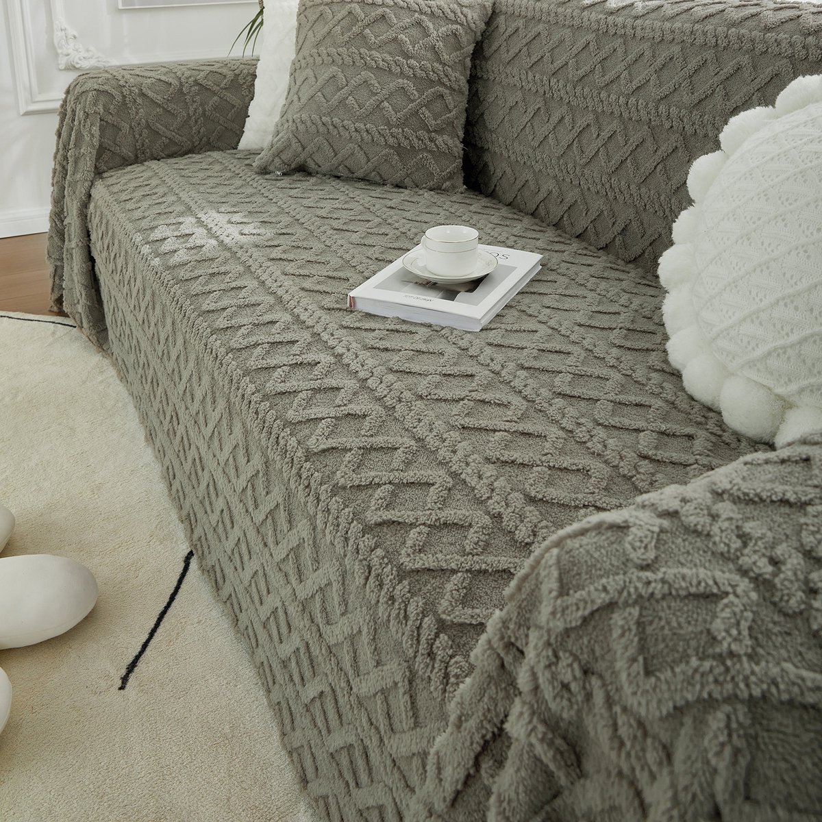 Qelus Bankhoes Pluche Jacquard 280gsm - 180x180 cm - Zacht & Knuffelig - Bankbescherming - Gemakkelijk te Reinigen - Voor Woonkamer en Slaapkamer - Grijs