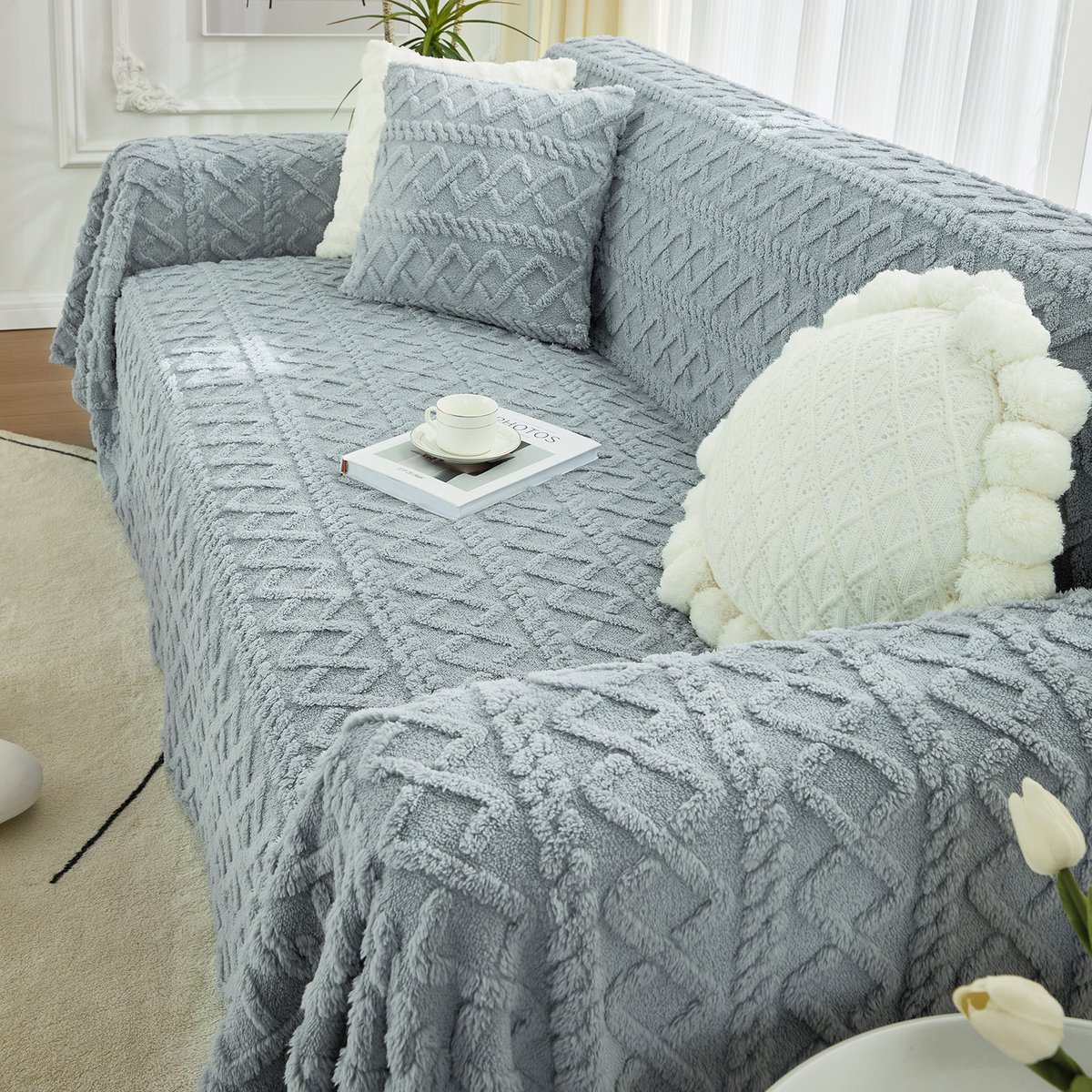 Qelus Bankhoes Pluche Jacquard 280gsm - 180x260 cm - Zacht & Knuffelig - Bankbescherming - Gemakkelijk te Reinigen - Voor Woonkamer en Slaapkamer - Lichtgrijs