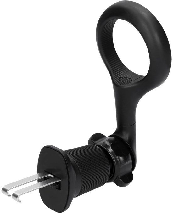 Zwarte magnetische telefoonhouder met ring en een klem met metalen pinnetjes voor aan een ventilatieopening.