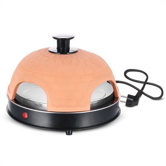 Emerio Pizzarette Origineel - 4 Persoons Pizza Oven - Handgemaakte Terracotta Koepel - 4 Geïsoleerde Bakspatels - RVS Bakplaat - Gourmetstel met Cool touch koepel - PO-115985 900W