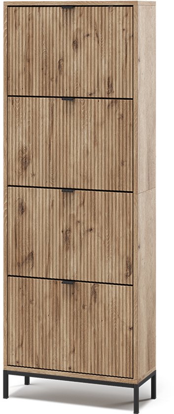 Vicco Eliza schoenenkast van 168 cm hoog met vier uitklapbare lades in Viking eikenhout met verticale ribbels.