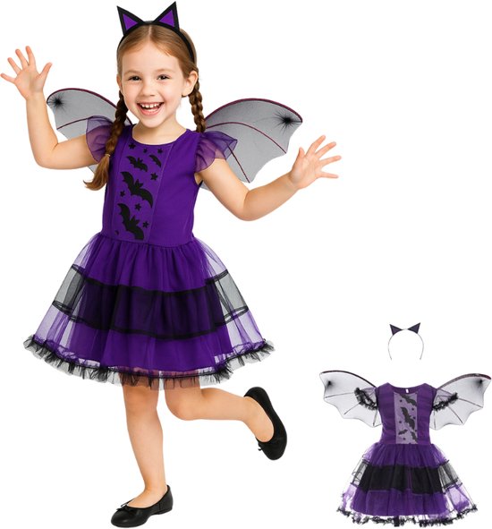 Joya Kids® Vleermuis Verkleedjurk | Vleermuizen Vleugels met Jurk | Horror Films Kostuum | Verkleedjurk Meisje | Halloween Jurkje met Vleugels en Haarband | Verkleedkleding | Maat 110