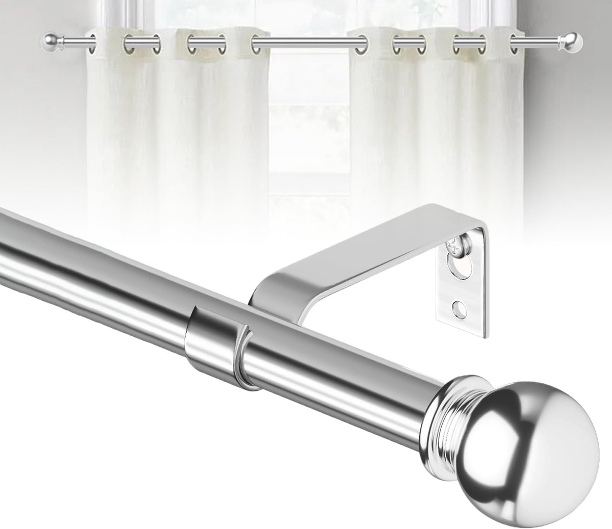 Azomor® Verstelbare zilveren gordijnroede van 3 meter met wandmontage en accessoires