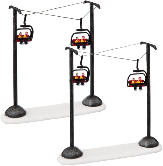 Feeric Christmas Kerstdorp stoeltjeslift - 2x - wintersport - 22 cm - kunststof/polyresin