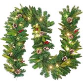 NAIZY Kerstslinger met lichtjes 800 cm sparrenslinger, kerstkrans, stekkerklaar, met dennenappels, rode bessen en kerstdecoratie voor buiten