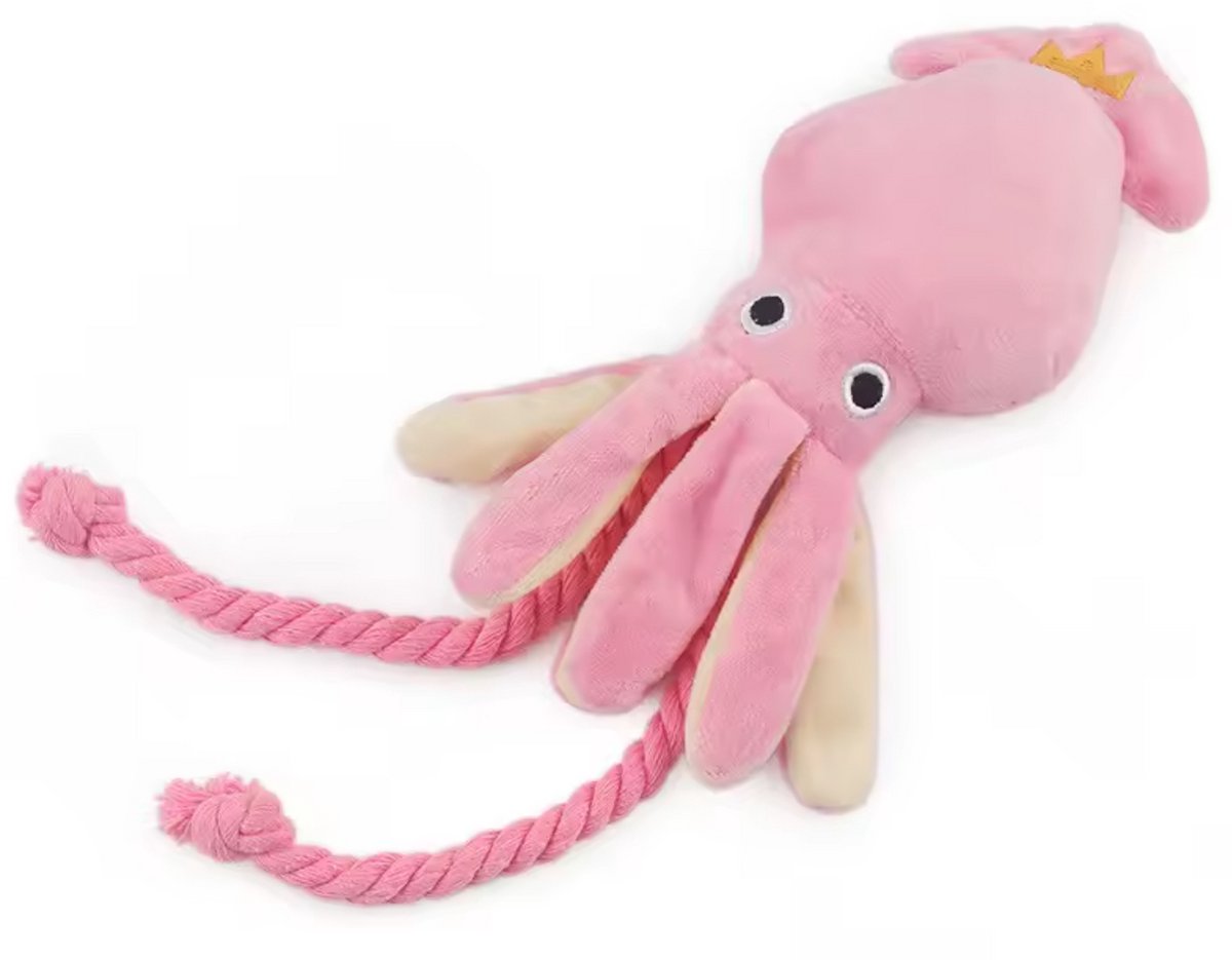 Hondenspeeltje – Knuffel – Hond – Puppy – Roze Inktvis met Piepje – 30x9cm – Knuffeltje met Touw – Bijtspeelgoed