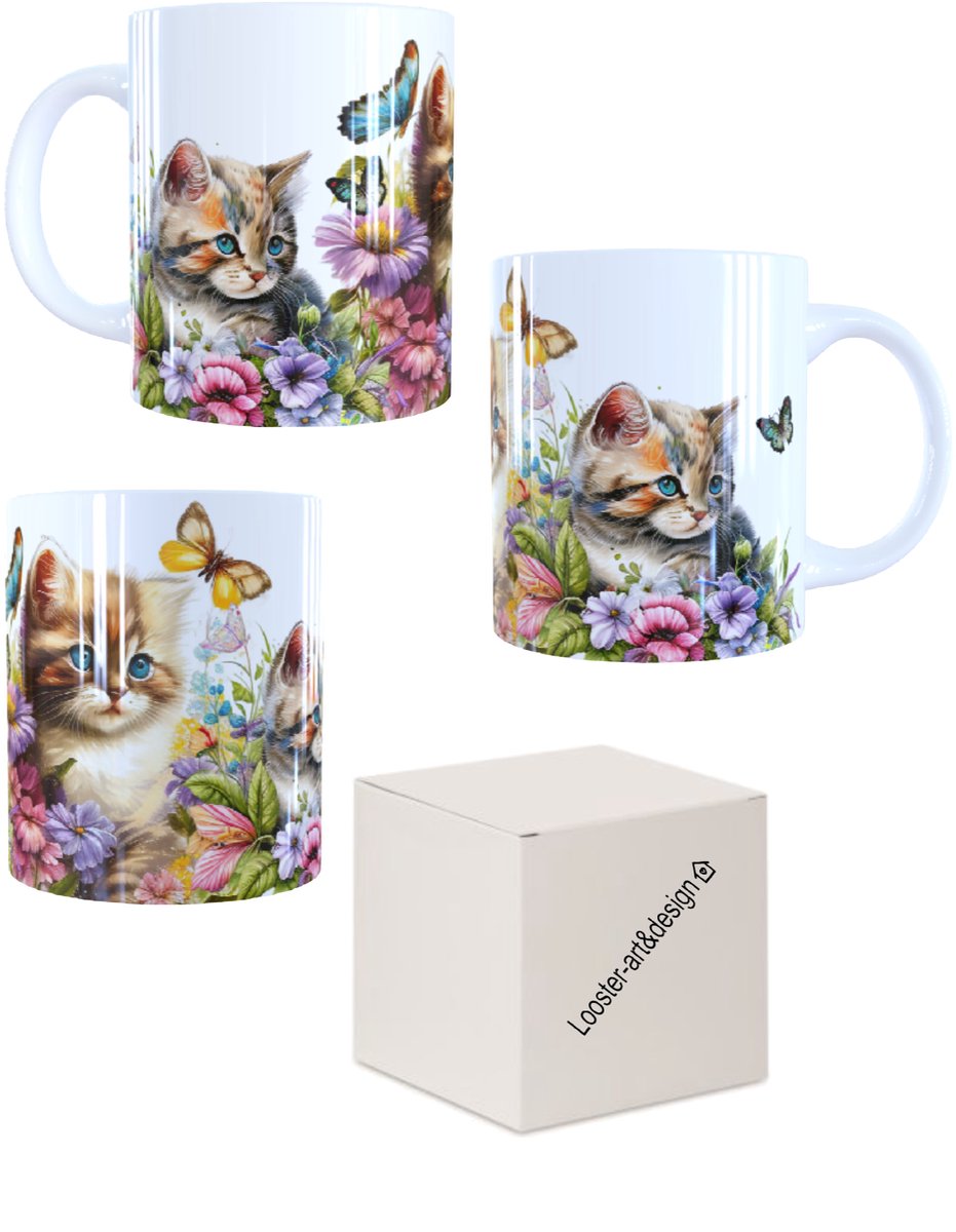 Koffie beker - thee mok lief poesje met bloemen