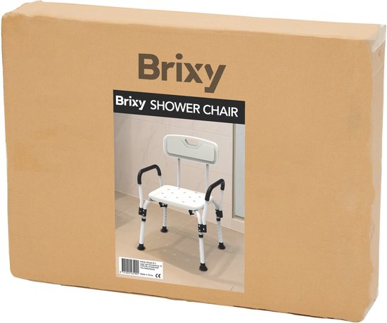 Kartonnen verpakking van de Brixy douchestoel met een afbeelding erop.