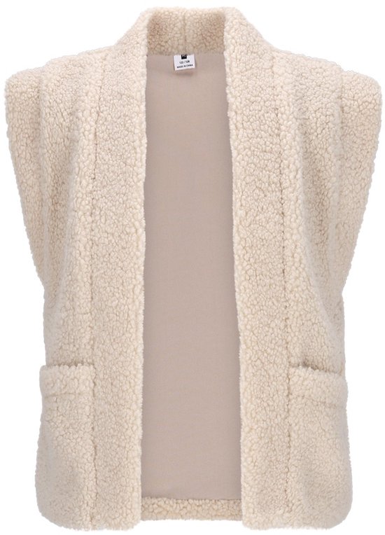 Crème teddy gilet, open aan de voorkant. Gilet is mouwloos, heeft opgestikte zakken en een beige voering.