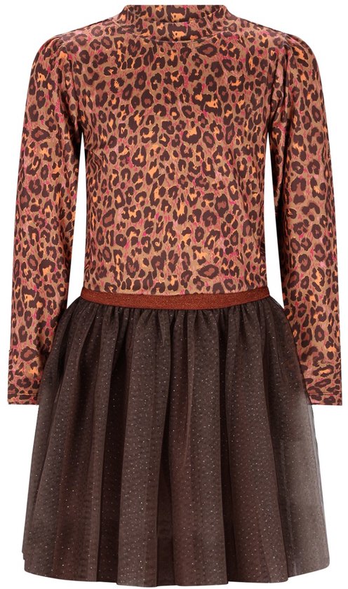 Donkerbruine jurk met lange mouwen en luipaardprint op het lijfje. De rok is van tule met glittertjes.