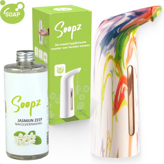 Soopz zeepdispenser met jasmijn zeep navulverpakking. De dispenser heeft een regenboog marmeren patroon.
