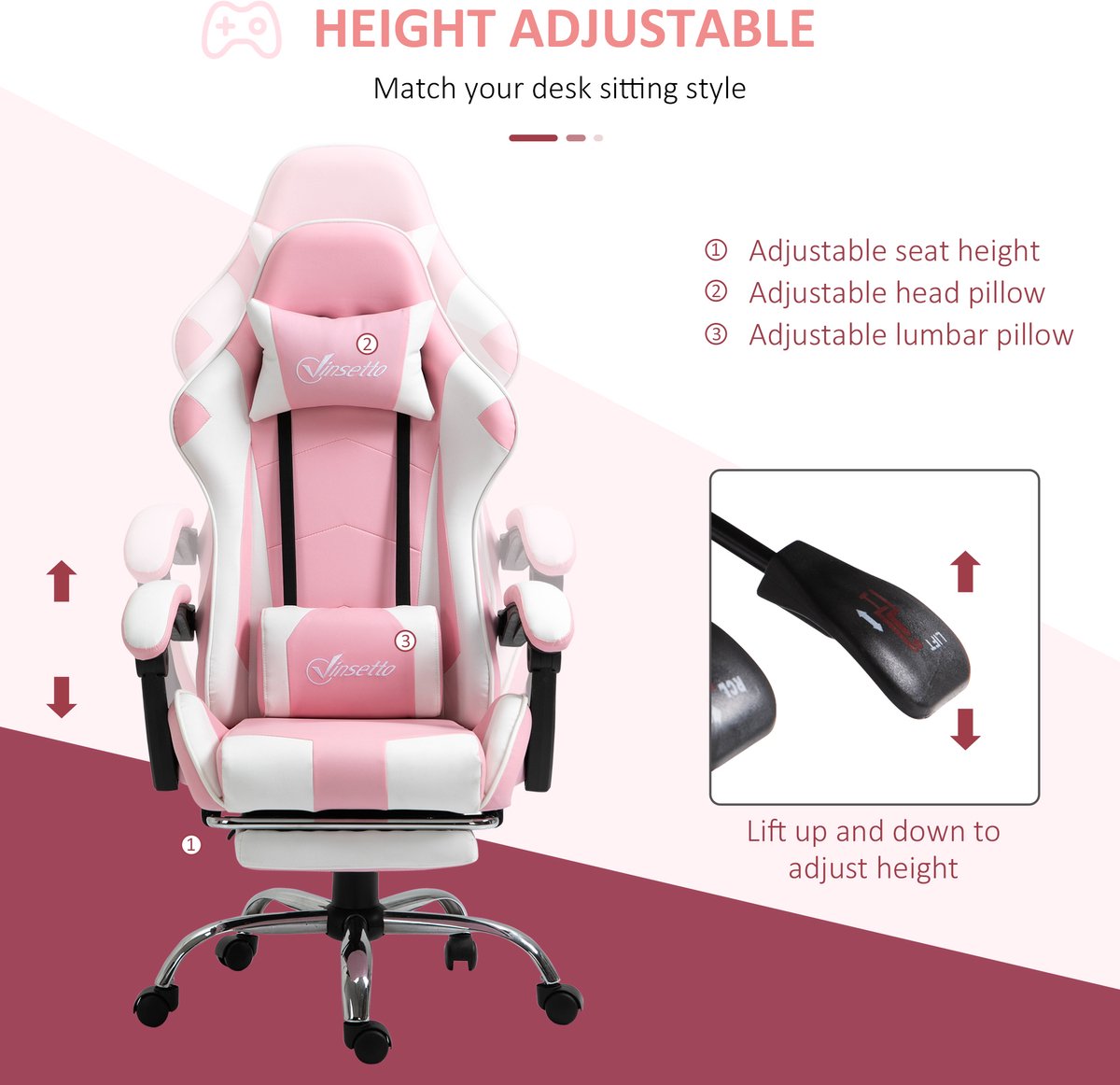 Vinsetto gamingstoel - met verstelbare rugleuning - roze + - afbeelding 3