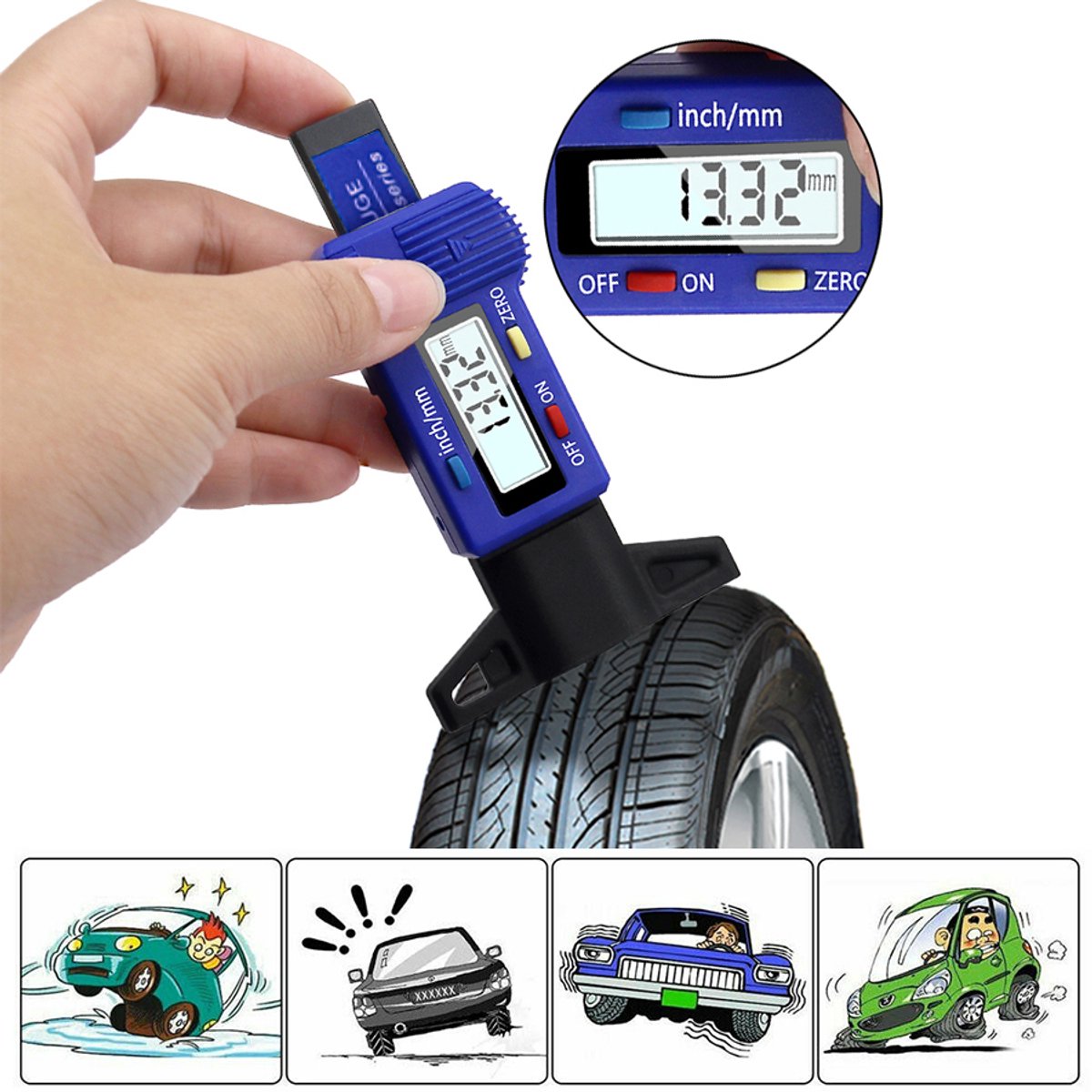 Awesafe Digitale Bandenprofielmeter - Profieldiepte - Blauw - Ga Veilig Op Weg - Doe De Bandencheck